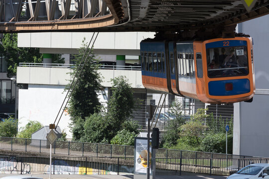WUPPERTAL; NRW; GERMANY - JULY 31; 2017:
The supporting framework of the Wuppertaler suspension railway consists of a steel framework with inclined supports and suspended steel bridges so-called Riep