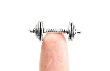 Cropped view of a tiny dumbbell on a fingertip isolated on white - obrazy, fototapety, plakaty