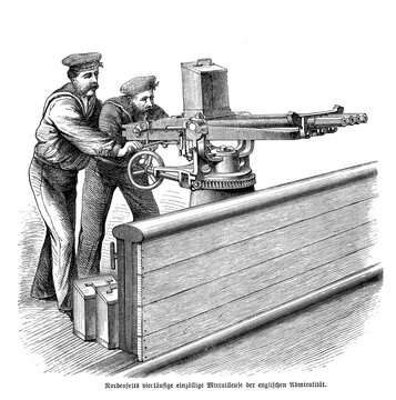 Sailors operating 4-barrel Nordenfelt rifle calibre gun from a military ship, 19th century illustration