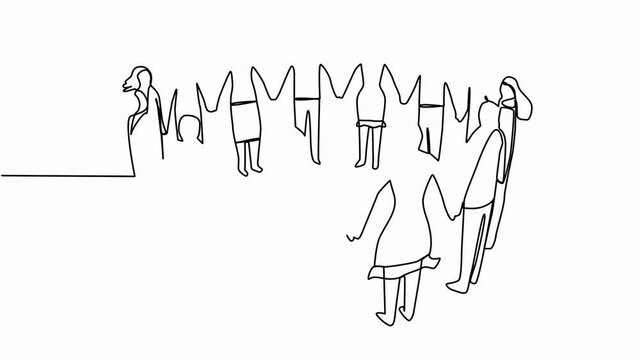 The animation itself is drawn continuous people drawn in one line are holding hands, hand-drawn silhouette images. character of man and woman