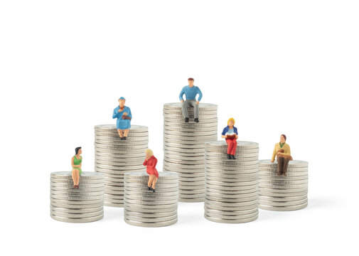 Miniature People: People Sitting On Coins Stack Isolated On White Background. Retirement Planning. Money Saving And Investment. Growth Income By Fund Or Property Investment After Retirement For Rich.