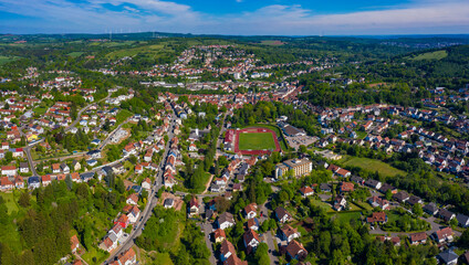 Aerial view around the city Ottweiler  in Germany on a sunny spring day