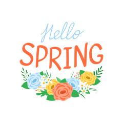 Spring illustration with bouquet flowers and lettering Hello spring. Design concept of the arrival of spring. Colorful template for posters, postcards. Vector