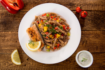 gilled salmon with pasta