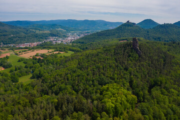 Aerial view around the city Annweiler am Trifels in Germany on a sunny spring day