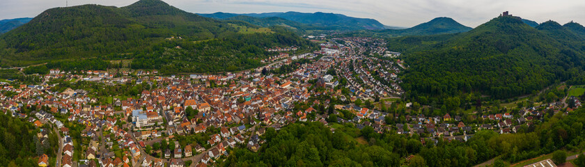 Fototapeta na wymiar Aerial view of the city Annweiler am Trifels in Germany on a sunny spring day