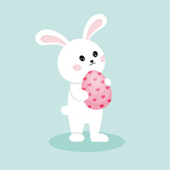 Rabbit with an Easter egg. A cute rabbit holds a pink Easter egg in its paws. Vector character for the Easter holiday.