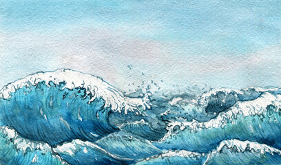 Watercolor big wave landscape art