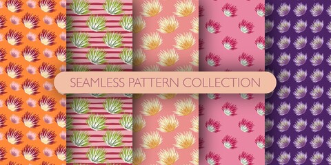 Obraz premium Set of seamless bush pattern. Shrubs background collection. Abstract cactus backdrop.