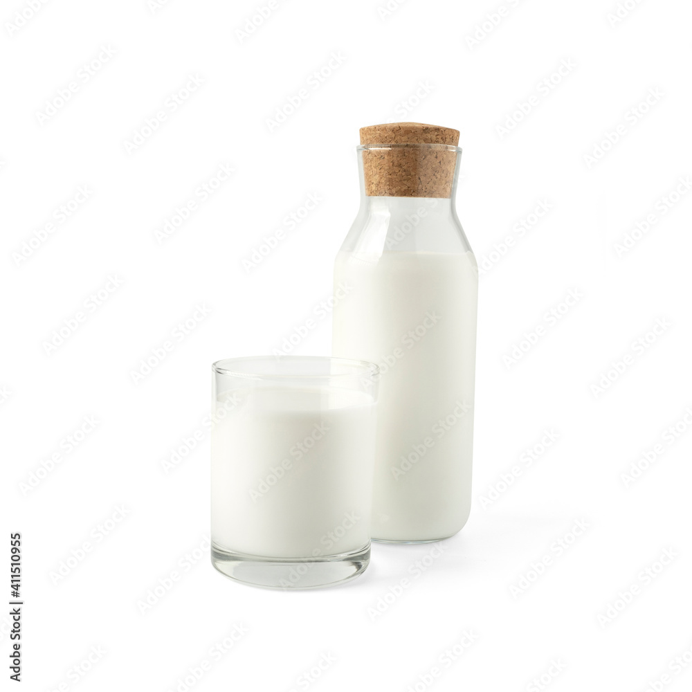 Wall mural organic milk in glass and glass bottle front view isolated on white background for milk can improve 