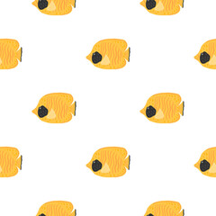 Fototapeta premium Isolated seamless marine pattern with bright yellow butterfly fish shapes. White background.