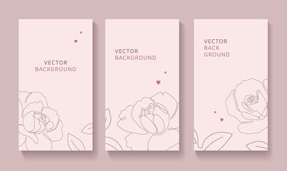 Set of romantic floral covers for social media story, card, banner, poster. Single line rose illustration with hearts on pastel colored background. - Vector