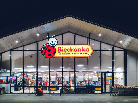 Sklep Biedronka - one of the largest chain supermarkets in Poland. Poznan - February 2021