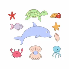 Tuinposter Een set met zeeleven. Schildpad, zeesterren en vissen. Verzameling van elementen voor een kinderboek. Vectorillustratie in de doodle-stijl. © Полина Екимова