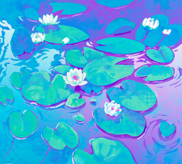 Fototapeta na wymiar Bright blooming water lilies in the swamp