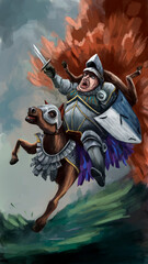 a full knight on horseback with an open mouth and a raised hand holding a broken sword jumps. there is an explosion behind him. he is wearing metal armor and holding a shield. loshal in armor.