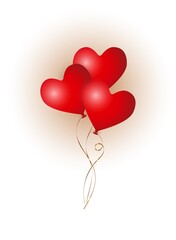 Plakat tre 3d matt red flying heart balloons with golden ribbon, vertical stock vector illustration clipart for banner, postcard, post design