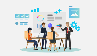 Business teamwork concept.  Working people in the room with blue icons and display