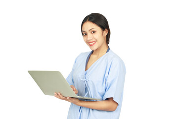 Isolated young happy doctor wearing suit holding laptop and smiling on white background. Healthcare and medical concept.