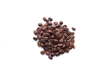 top view, coffee beans isolated on white background. selective focus.