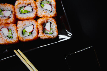 Close Up Set of Japanese sushi roll on dark background