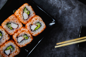 Close Up Set of Japanese sushi roll on dark background