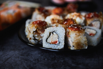 Close Up Set of Japanese sushi roll on dark background