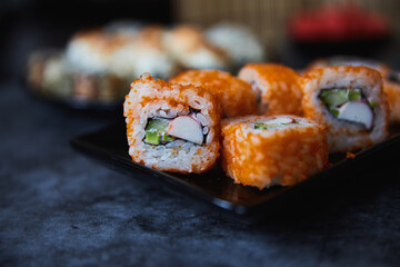 Close Up Set of Japanese sushi roll on dark background