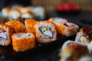 Close Up Set of Japanese sushi roll on dark background