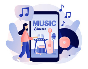 Music and vocal lessons. Online education. Tiny girl musician with big smartphone music notebook, microphone, guitar, keyboard, drum. Modern flat cartoon style. Vector illustration on white background