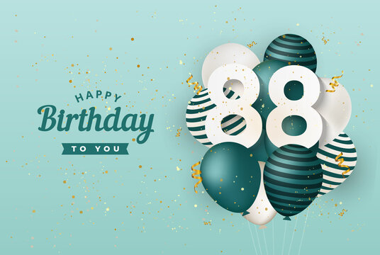 Happy 88th birthday with green balloons greeting card background. 88 years anniversary. 88th celebrating with confetti. Vector stock