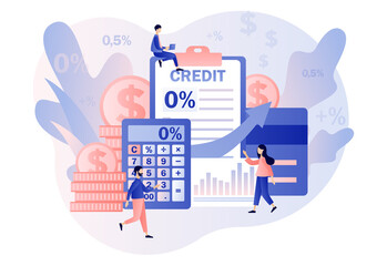 Bank credit concept. Tiny people signing loan agreement. Percent, good interest rate, interest-free. Finance management. Modern flat cartoon style. Vector illustration on white background