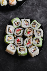 Close Up Set of Japanese sushi roll on dark background