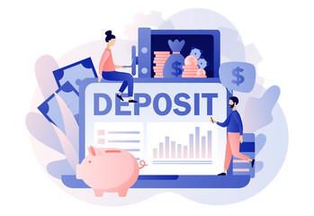 Fototapeta na wymiar Online Deposit concept. Tiny people put money in bank safe with dollars. Longterm money saving finance. Bank account, banking, bank security, safety. Modern flat cartoon style. Vector illustration
