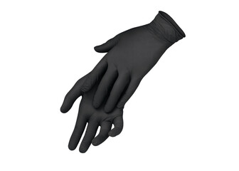 Medical nitrile gloves.Two black surgical gloves isolated on white background with hands. Rubber glove manufacturing, human hand is wearing a latex glove. Doctor or nurse putting on protective gloves