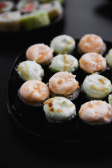 Close Up Set of Japanese sushi roll on dark background