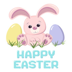 Happy Easter cute pink bunny rabbit in the grass with painted eggs. A greeting card or banner of bright colors. Vector illustration in flat cartoon style isolated on a white background