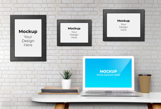 Mockup template monitor of computer display screen and picture frame with blank on desk, workplace and office, poster on wall, interior room, indoor, copy space, business and workspace concept.