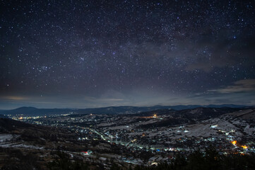 Beautiful starry sky in the Ukrainian mountain village