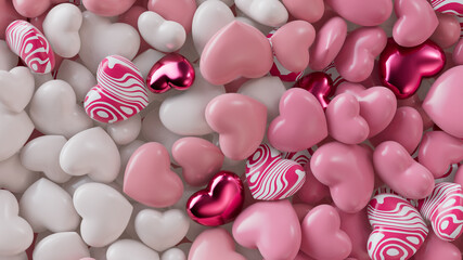 Multicolored Heart background. Valentine Wallpaper with Pink, White and Metallic love hearts. 3D Render 