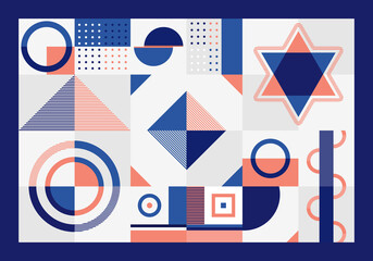 Abstract blue and orange geometric pattern rectangles, triangle, squares and circles shape design on white background.