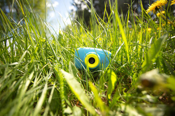 The toy camera and children's sunglasses, book on a green grass. Objects for Rest, Picnic in the summer. Vacation, Spring concept