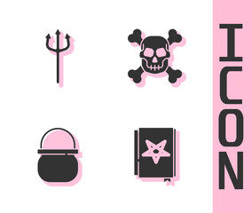 Set Ancient magic book, Neptune Trident, Halloween witch cauldron and Skull crossbones icon. Vector.