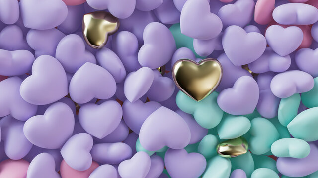 Multicolored Heart background. Valentine Wallpaper with Violet, Turquoise and Gold love hearts. 3D Render 