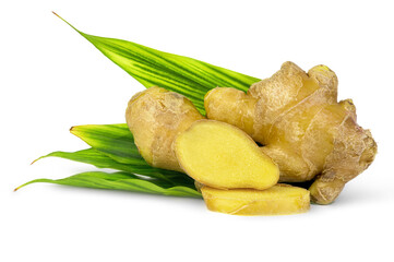 Ginger and ginger are sliced ​​on the leaves. isolated on a white background