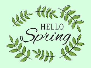 Green banner hello spring with leaves on background. Vector illustration for promotions, magazines, advertising, web sites, poster, banner, flyer, background, greeting card.