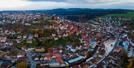 Aerial view of the old town of the city Altensteig in Germany in the Black forest