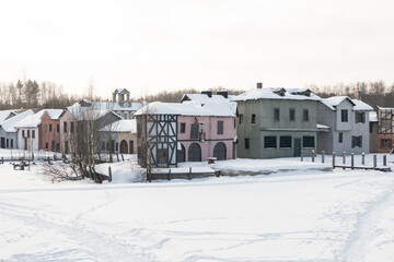 an old abandoned town. Old ruined houses winter snow covered nature winter