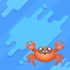 Cartoon red crab character with claws isolated on blue backgound. Water animal sign. Seafood icon or logo
