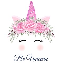 unicorn crown watercolor flower rose pink orange  Hand drawn illustration